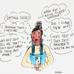 Illustration about texting anxiety. Black woman wondering why they haven't text back by Natalie Lue.
