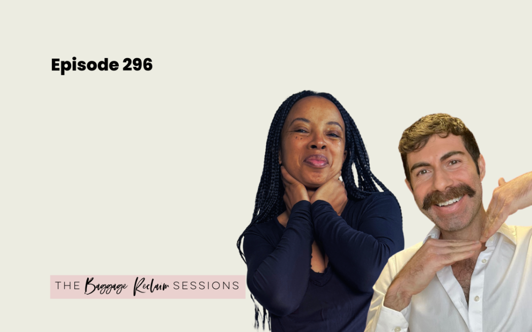 Natalie Lue in black and Benjamin Camras in a white shirt on The Baggage Reclaim Sessions podcast banner to chat about modern dating and rejection