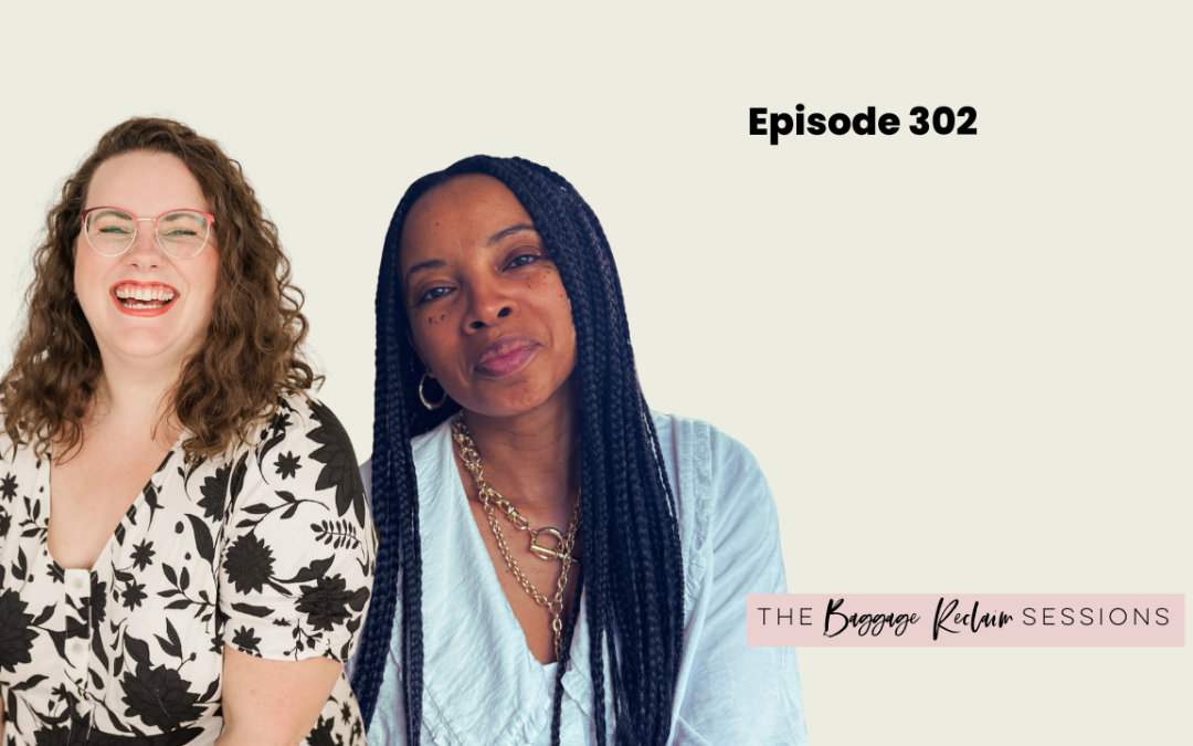 Amelia Hruby in a short-sleeved black and white dress and Natalie Lue in big-collar white shirt and gold chain for The Baggage Reclaim Sessions episode 302: Your Attention is Sacred Except on Social Media