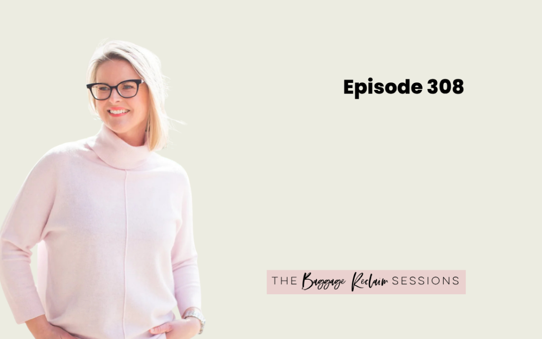 Episode 308 How to Be Selfish Reclaiming the Right to Self with Suzy Reading - The Baggage Reclaim Sessions with Natalie Lue banner. Suzy Reading wearing a pale pink jumper with her hands resting on her waist
